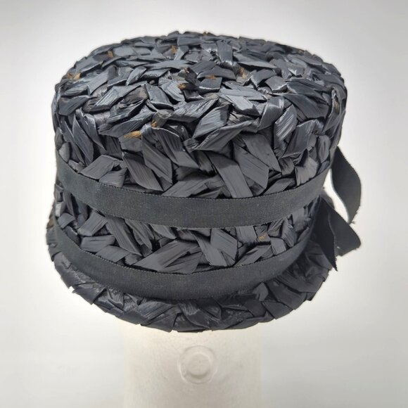 Vintage Black Rattan Hat Cloche Straw - Picture 6 of 8